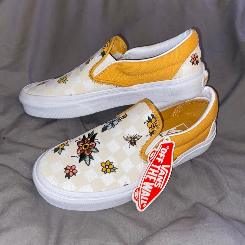 cottage checkered vans slip on